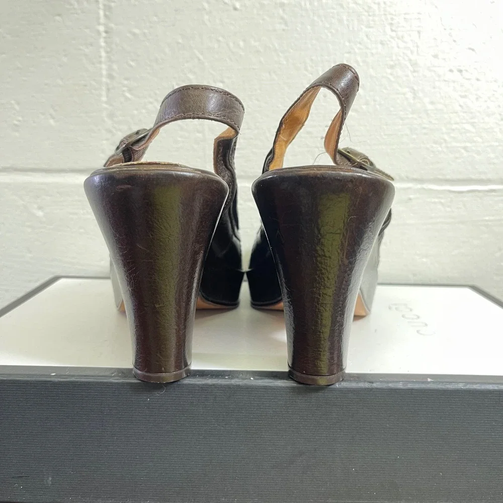 Frye Dark Brown Leather Platform Slingback Heels Sandals Women's Size 9.5B